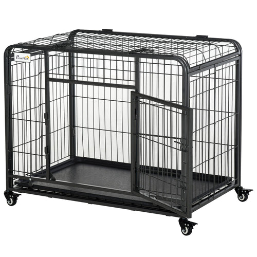 PawHut Metal Dog Crate 37" Heavy Duty Folding Kennel with Removable Tray Cover 4 Wheels Gray