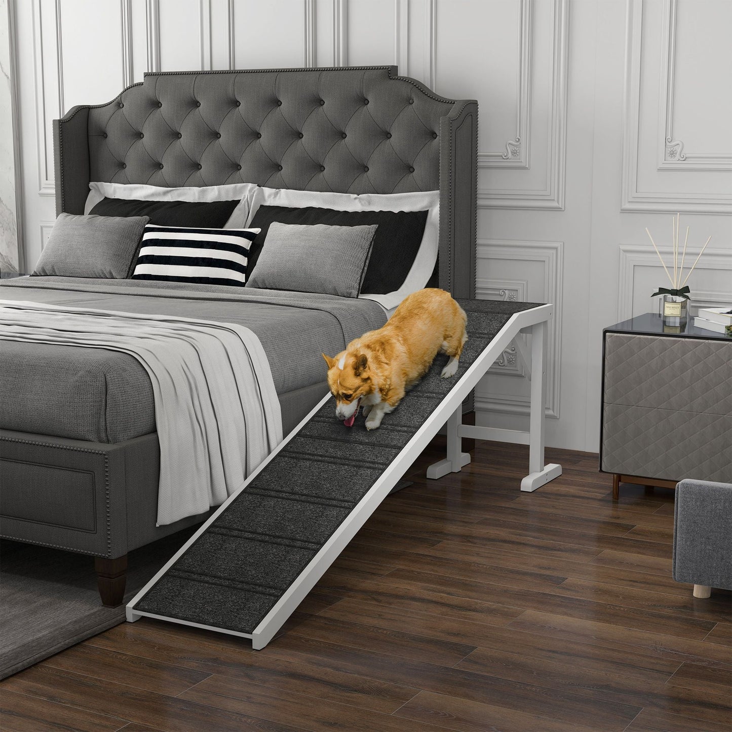 PawHut Pet Ramp for Dogs Non - slip Carpet Top Platform Pine Wood 74"L x 16"W x 25"H, Grey, White - 7DAY'S