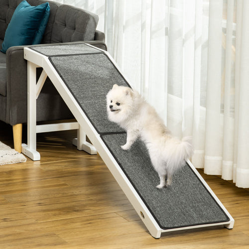 PawHut Pet Ramp for Dogs Non - slip Carpet Top Platform Pine Wood 74"L x 16"W x 25"H, Grey, White - 7DAY'S