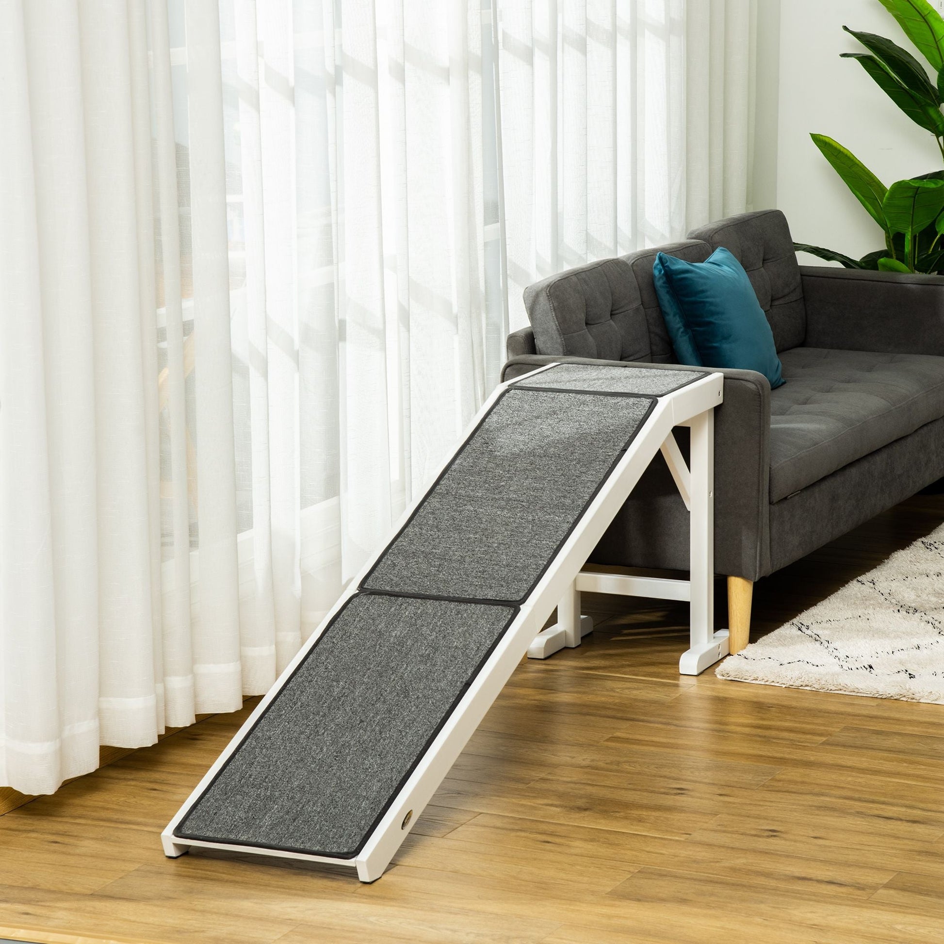 PawHut Pet Ramp for Dogs Non - slip Carpet Top Platform Pine Wood 74"L x 16"W x 25"H, Grey, White - 7DAY'S