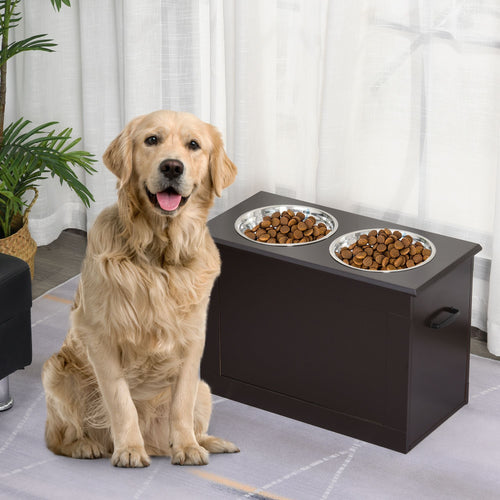 PawHut Raised Dog Feeding Station with 2 Stainless Steel Bowls Storage Large Pets Dark Brown - 7DAY'S