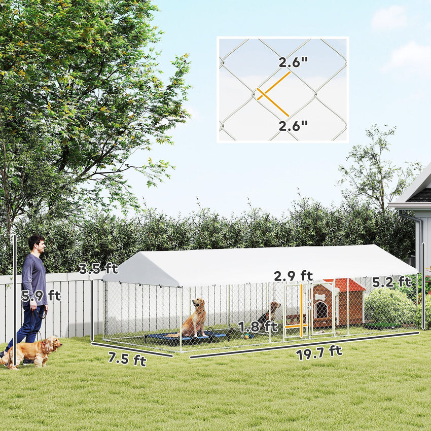 PawHut Two Room Outdoor Dog Kennel, Dog Run with Roof, Waterproof UV - Resistant Cover, Secure Lock, 19.7' x 7.5' x 5.2' - 7DAY'S