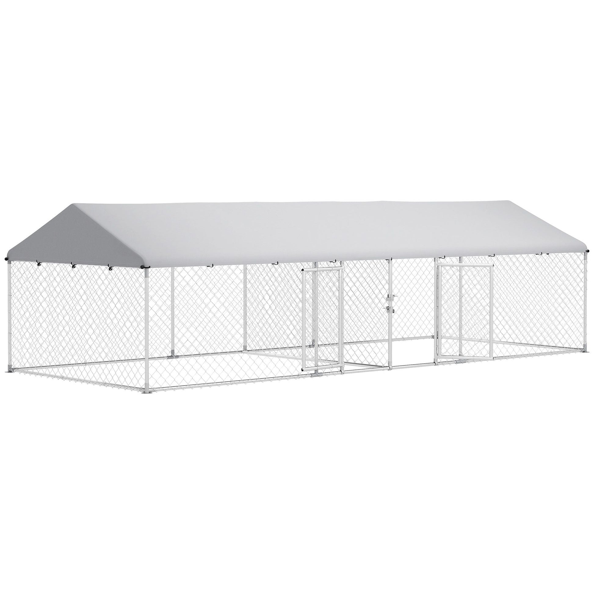 PawHut Two Room Outdoor Dog Kennel, Dog Run with Roof, Waterproof UV - Resistant Cover, Secure Lock, 19.7' x 7.5' x 5.2' - 7DAY'S