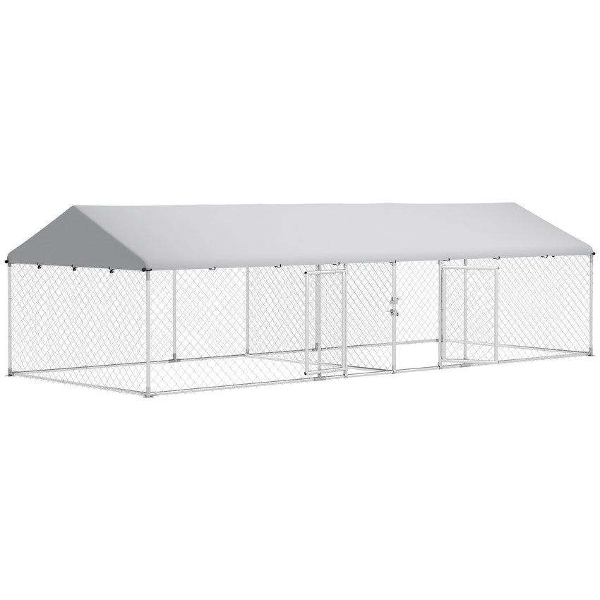 PawHut Two Room Outdoor Dog Kennel, Dog Run with Roof, Waterproof UV - Resistant Cover, Secure Lock, 19.7' x 7.5' x 5.2' - 7DAY'S