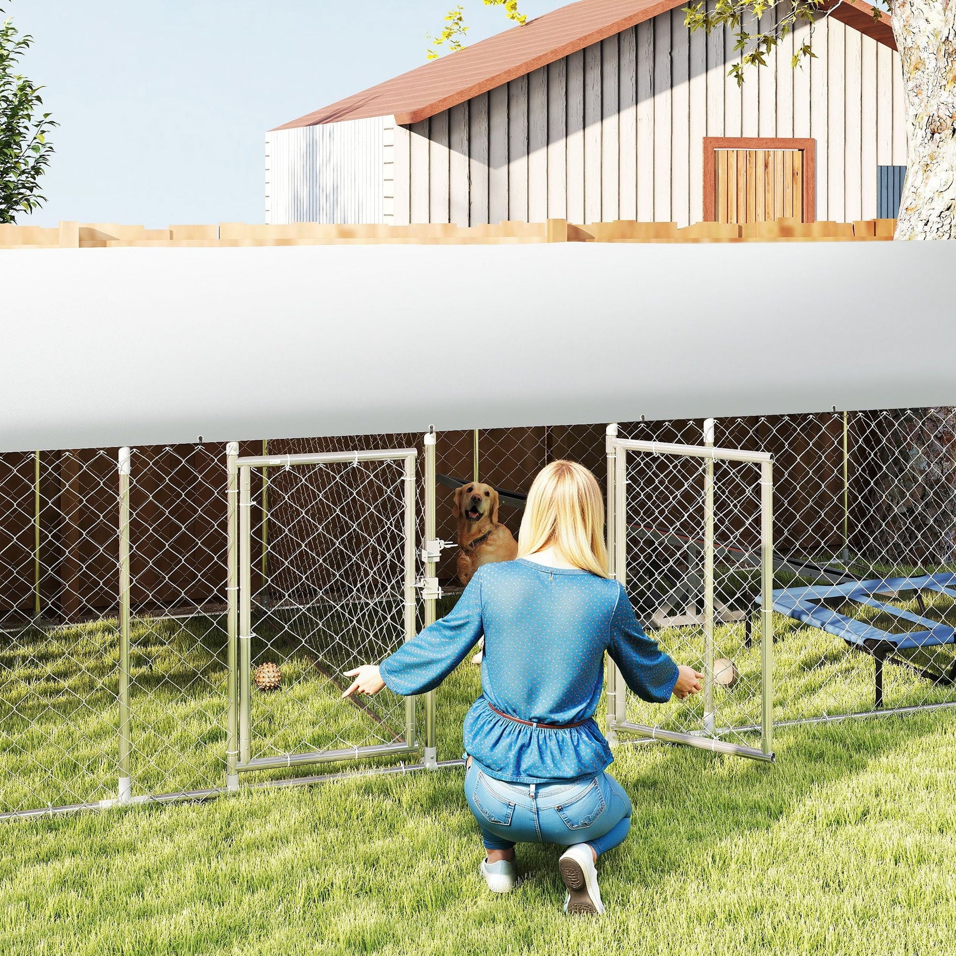 PawHut Two Room Outdoor Dog Kennel, Dog Run with Roof, Waterproof UV - Resistant Cover, Secure Lock, 19.7' x 7.5' x 5.2' - 7DAY'S