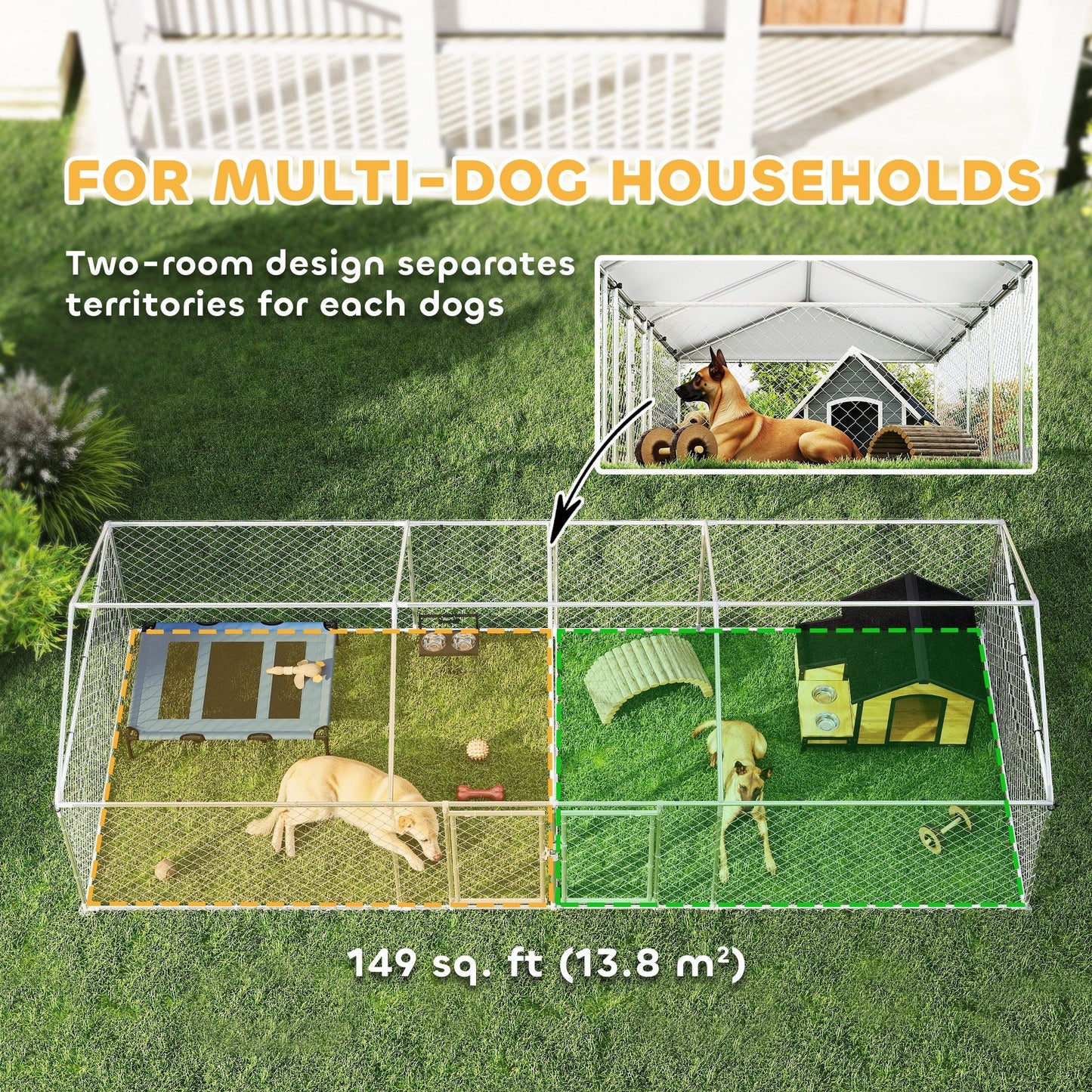 PawHut Two Room Outdoor Dog Kennel, Dog Run with Roof, Waterproof UV - Resistant Cover, Secure Lock, 19.7' x 7.5' x 5.2' - 7DAY'S