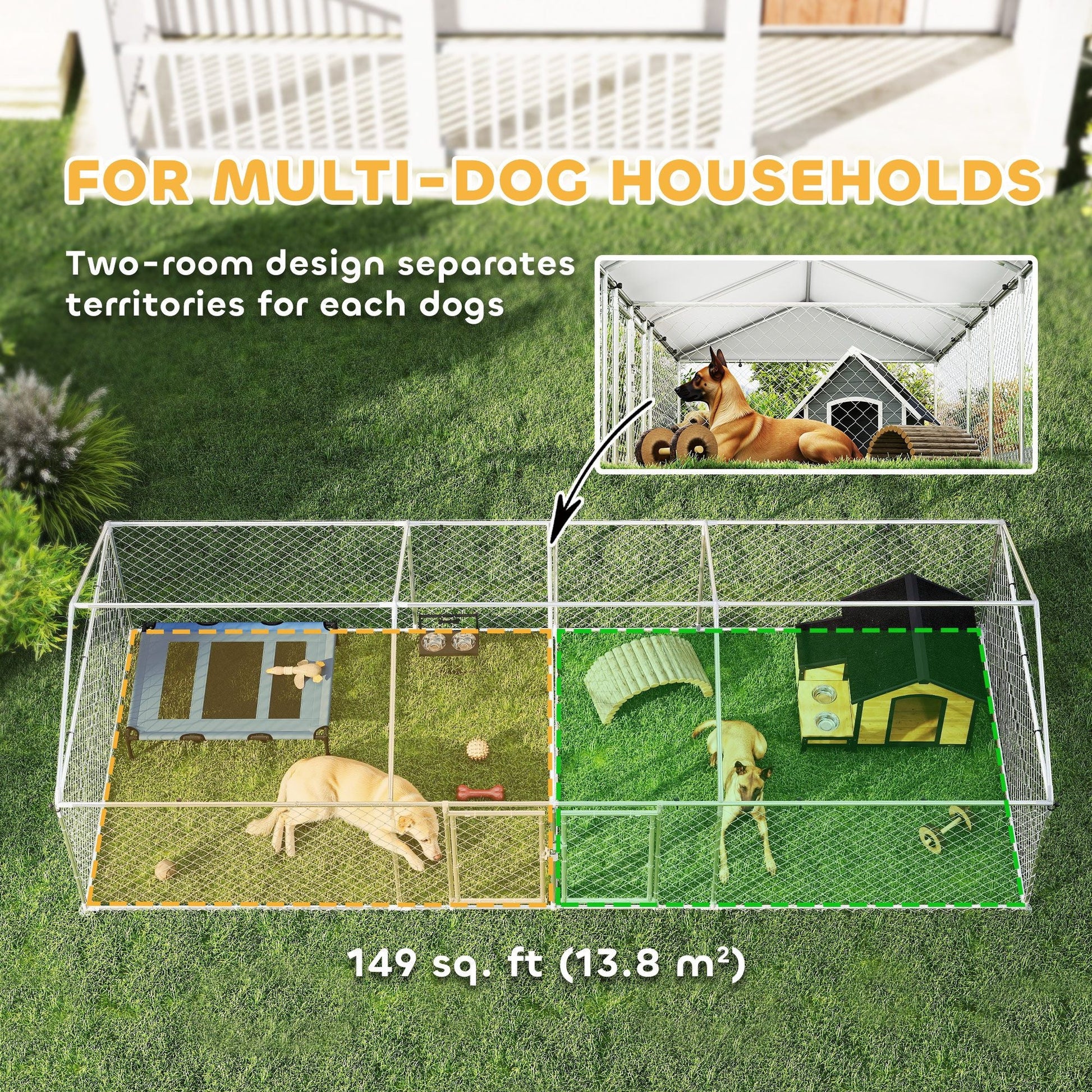 PawHut Two Room Outdoor Dog Kennel, Dog Run with Roof, Waterproof UV - Resistant Cover, Secure Lock, 19.7' x 7.5' x 5.2' - 7DAY'S