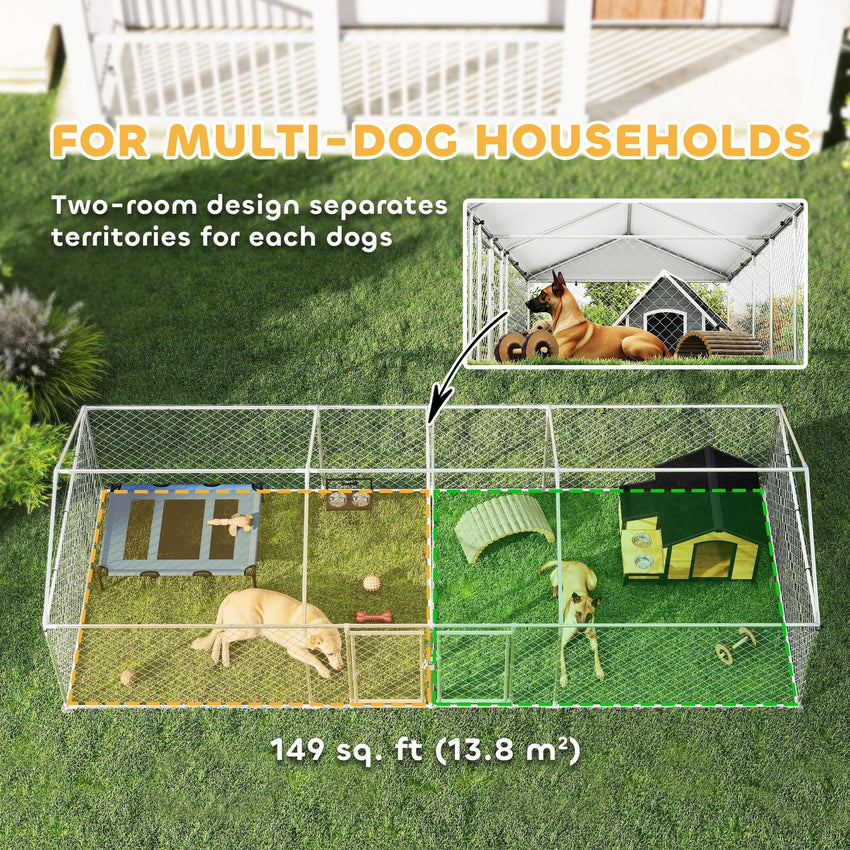 PawHut Two Room Outdoor Dog Kennel, Dog Run with Roof, Waterproof UV - Resistant Cover, Secure Lock, 19.7' x 7.5' x 5.2' - 7DAY'S