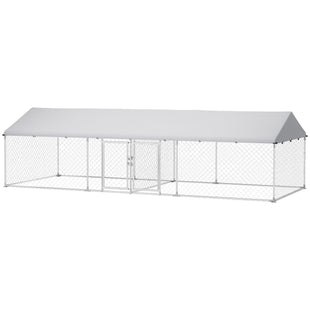 PawHut Two Room Outdoor Dog Kennel, Dog Run with Roof, Waterproof UV-Resistant Cover, Secure Lock, 19.7' x 7.5' x 5.2'