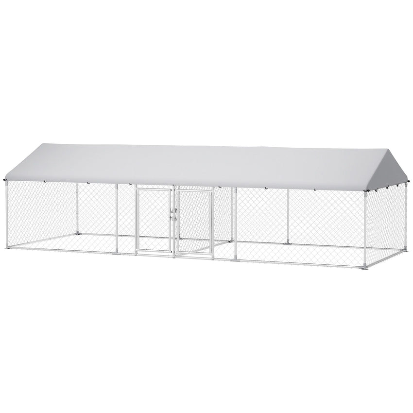 PawHut Two Room Outdoor Dog Kennel, Dog Run with Roof, Waterproof UV - Resistant Cover, Secure Lock, 19.7' x 7.5' x 5.2' - 7DAY'S