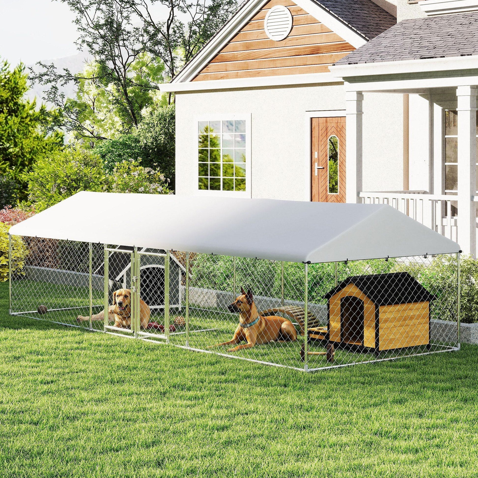 PawHut Two Room Outdoor Dog Kennel, Dog Run with Roof, Waterproof UV - Resistant Cover, Secure Lock, 19.7' x 7.5' x 5.2' - 7DAY'S