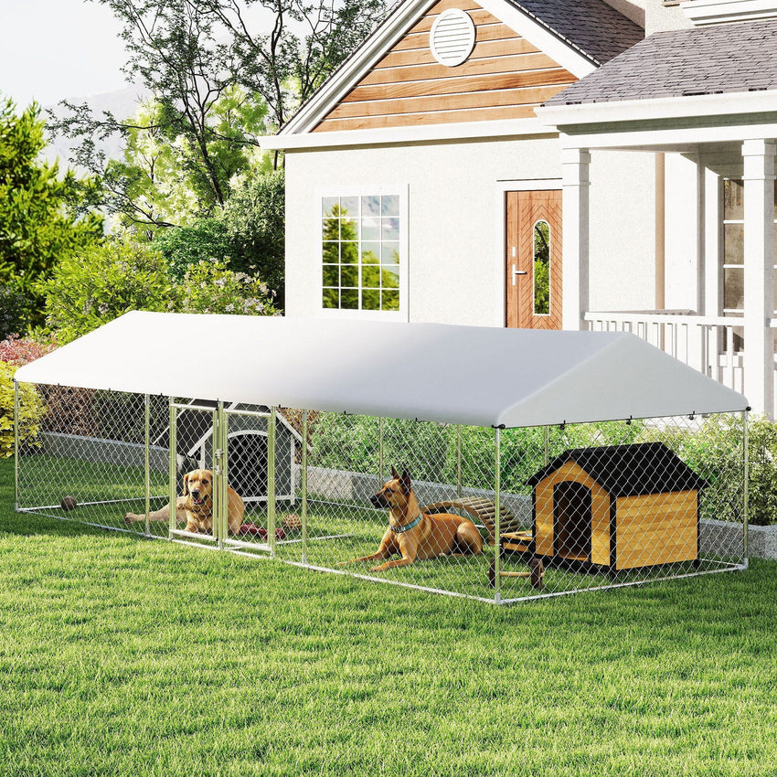 PawHut Two Room Outdoor Dog Kennel, Dog Run with Roof, Waterproof UV - Resistant Cover, Secure Lock, 19.7' x 7.5' x 5.2' - 7DAY'S