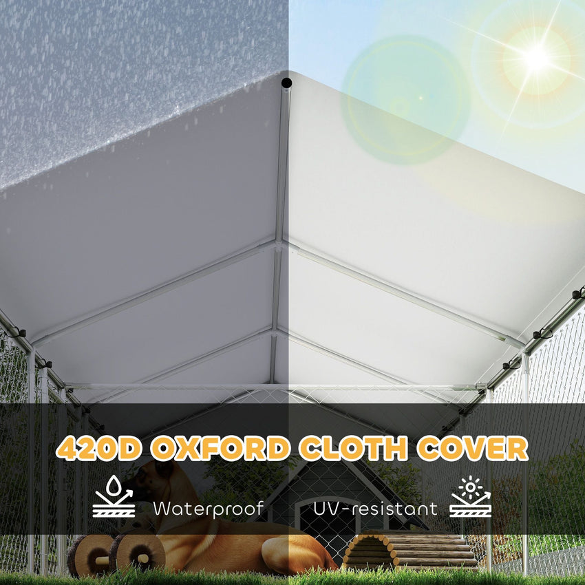 PawHut Two Room Outdoor Dog Kennel, Dog Run with Roof, Waterproof UV - Resistant Cover, Secure Lock, 19.7' x 7.5' x 5.2' - 7DAY'S
