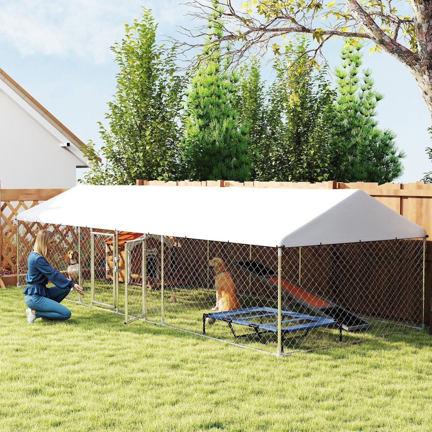PawHut Two Room Outdoor Dog Kennel, Dog Run with Roof, Waterproof UV - Resistant Cover, Secure Lock, 19.7' x 7.5' x 5.2' - 7DAY'S