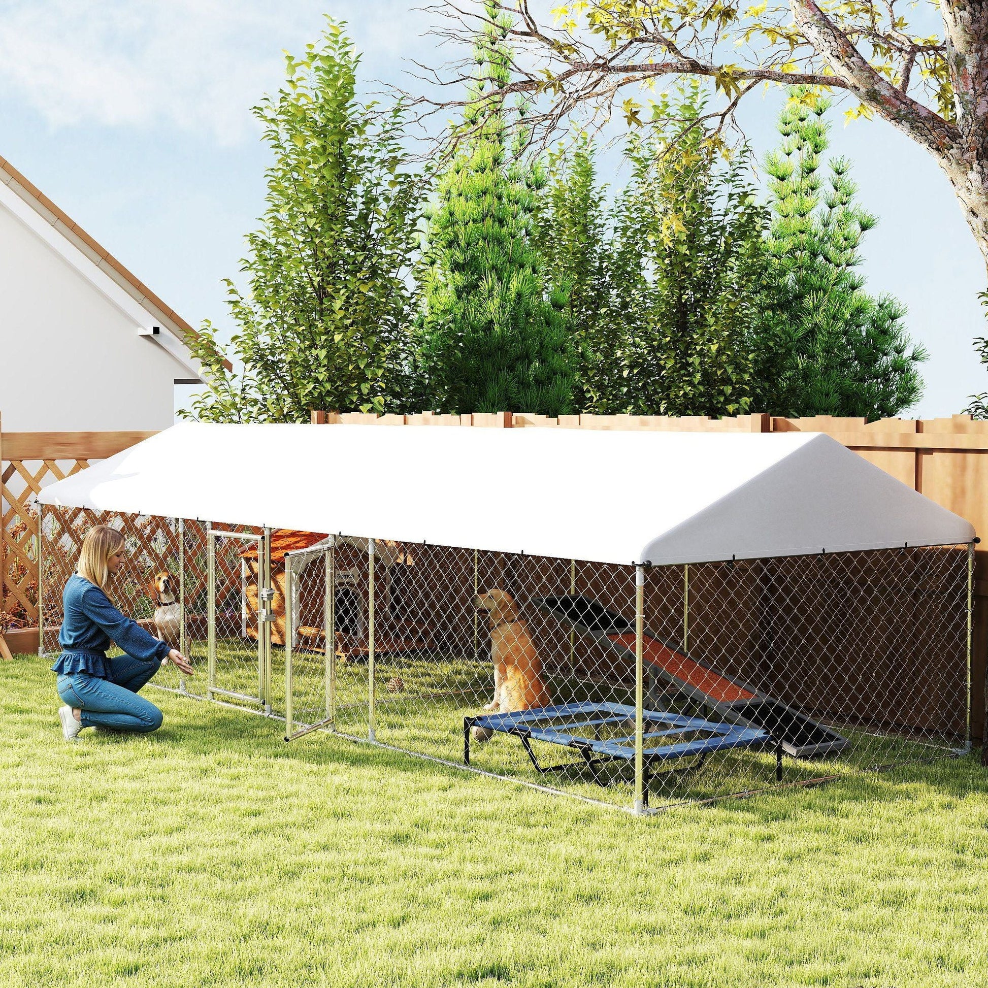 PawHut Two Room Outdoor Dog Kennel, Dog Run with Roof, Waterproof UV - Resistant Cover, Secure Lock, 19.7' x 7.5' x 5.2' - 7DAY'S