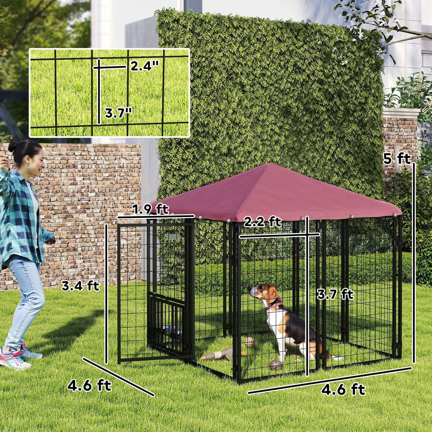 PawHut Welded Wire Outdoor Dog Kennel with 360° Rotating & 4 Levels Adjustable Bowls, Waterproof Cover, 4.6' x 4.6' x 5' - 7DAY'S
