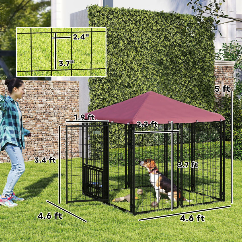PawHut Welded Wire Outdoor Dog Kennel with 360° Rotating & 4 Levels Adjustable Bowls, Waterproof Cover, 4.6' x 4.6' x 5' - 7DAY'S