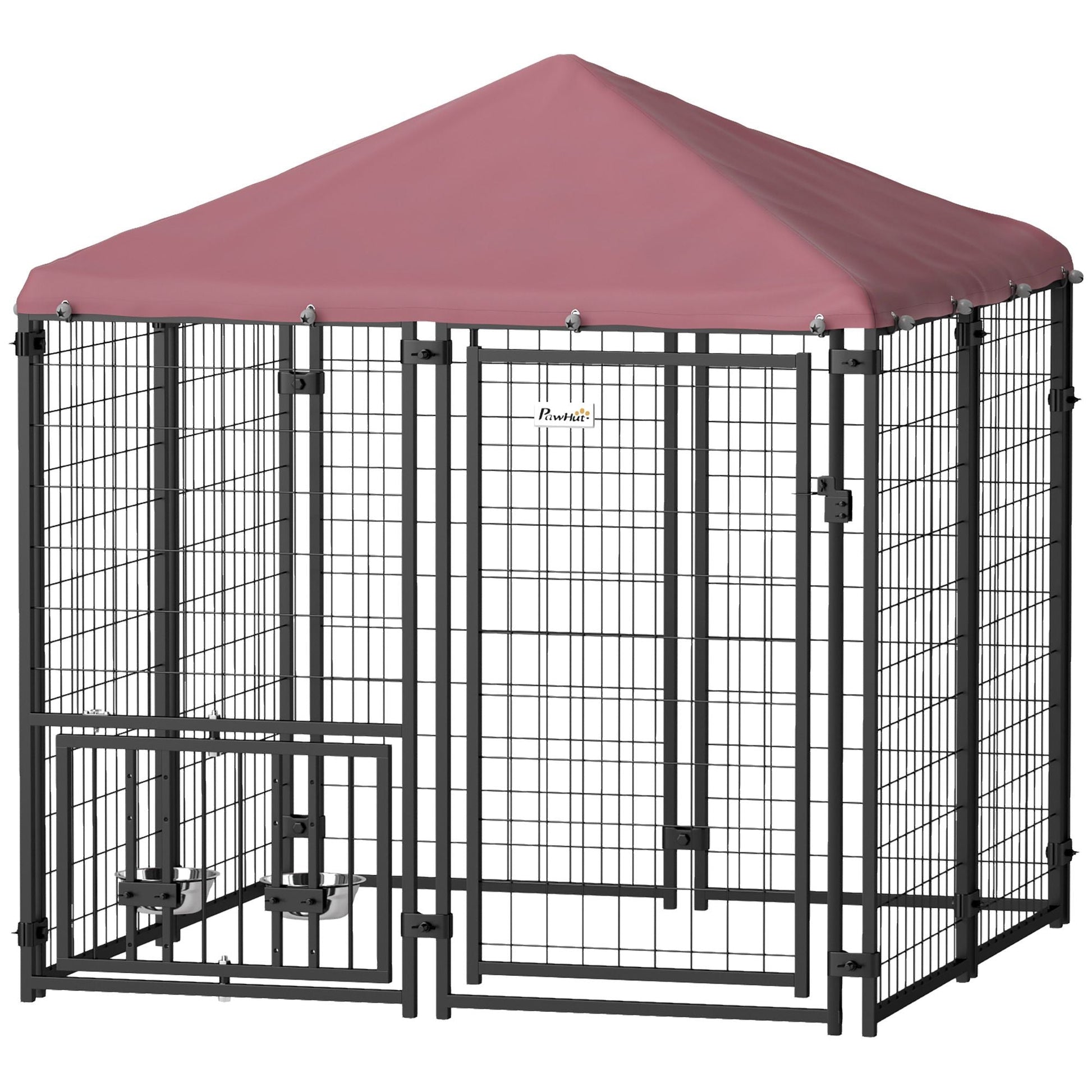 PawHut Welded Wire Outdoor Dog Kennel with 360° Rotating & 4 Levels Adjustable Bowls, Waterproof Cover, 4.6' x 4.6' x 5' - 7DAY'S