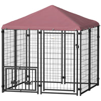 PawHut Welded Wire Outdoor Dog Kennel with 360° Rotating & 4 Levels Adjustable Bowls, Waterproof Cover, 4.6' x 4.6' x 5' - 7DAY'S