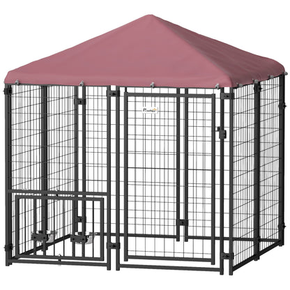 PawHut Welded Wire Outdoor Dog Kennel with 360° Rotating & 4 Levels Adjustable Bowls, Waterproof Cover, 4.6' x 4.6' x 5' - 7DAY'S