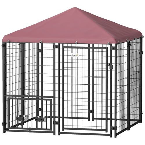 PawHut Welded Wire Outdoor Dog Kennel with 360° Rotating & 4 Levels Adjustable Bowls, Waterproof Cover, 4.6' x 4.6' x 5'