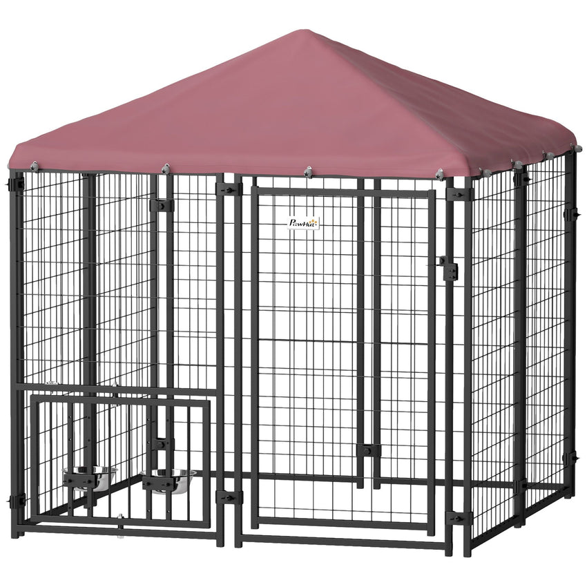 PawHut Welded Wire Outdoor Dog Kennel with 360° Rotating & 4 Levels Adjustable Bowls, Waterproof Cover, 4.6' x 4.6' x 5' - 7DAY'S