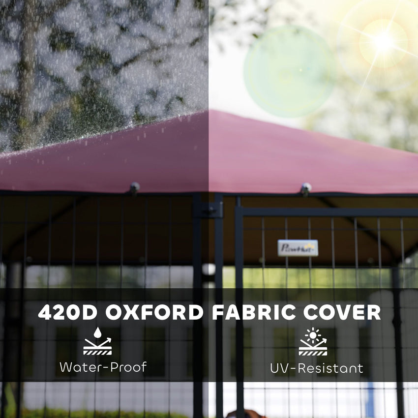 PawHut Welded Wire Outdoor Dog Kennel with 360° Rotating & 4 Levels Adjustable Bowls, Waterproof Cover, 4.6' x 4.6' x 5' - 7DAY'S