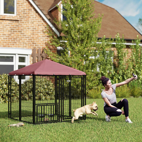 PawHut Welded Wire Outdoor Dog Kennel with 360° Rotating & 4 Levels Adjustable Bowls, Waterproof Cover, 4.6' x 4.6' x 5' - 7DAY'S