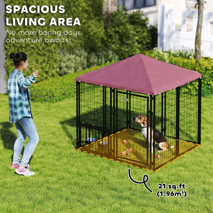 PawHut Welded Wire Outdoor Dog Kennel with 360° Rotating & 4 Levels Adjustable Bowls, Waterproof Cover, 4.6' x 4.6' x 5' - 7DAY'S