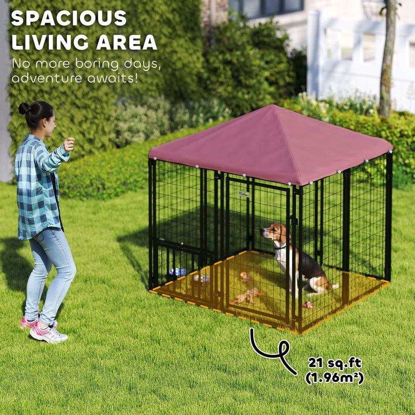 PawHut Welded Wire Outdoor Dog Kennel with 360° Rotating & 4 Levels Adjustable Bowls, Waterproof Cover, 4.6' x 4.6' x 5' - 7DAY'S