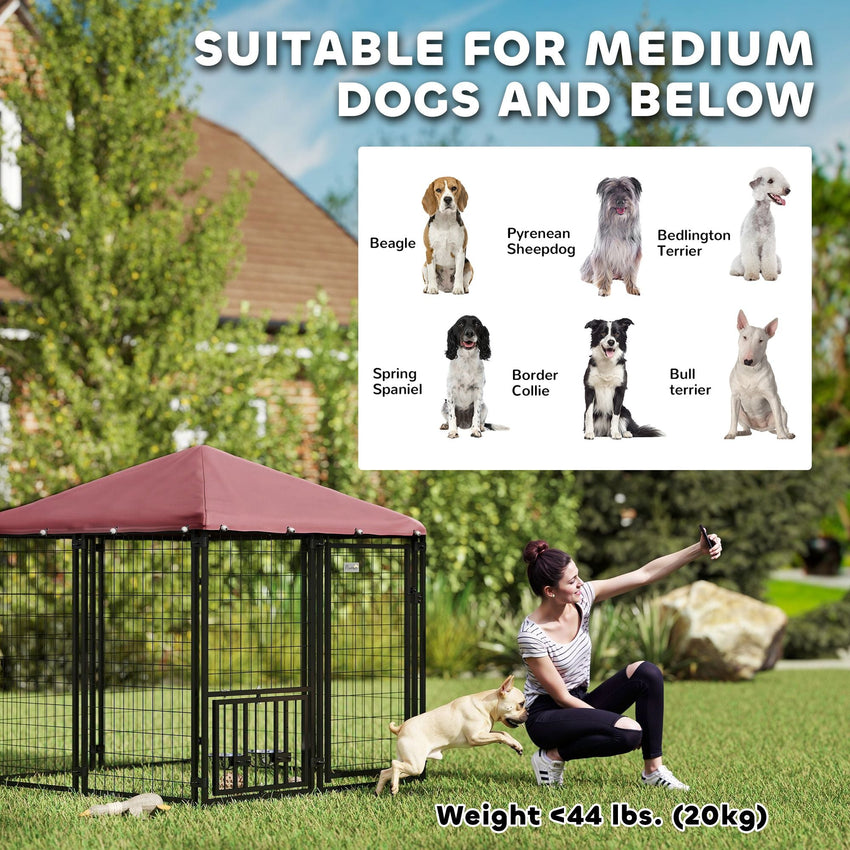 PawHut Welded Wire Outdoor Dog Kennel with 360° Rotating & 4 Levels Adjustable Bowls, Waterproof Cover, 4.6' x 4.6' x 5' - 7DAY'S