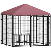 PawHut Welded Wire Outdoor Dog Kennel with 360° Rotating & 4 Levels Adjustable Bowls, Waterproof Cover, 4.6' x 4.6' x 5' - 7DAY'S