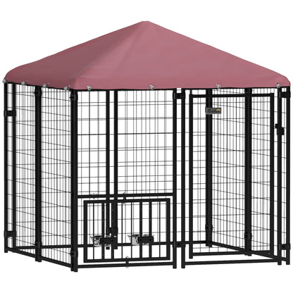 PawHut Welded Wire Outdoor Dog Kennel with 360° Rotating & 4 Levels Adjustable Bowls, Waterproof Cover, 4.6' x 4.6' x 5' - 7DAY'S