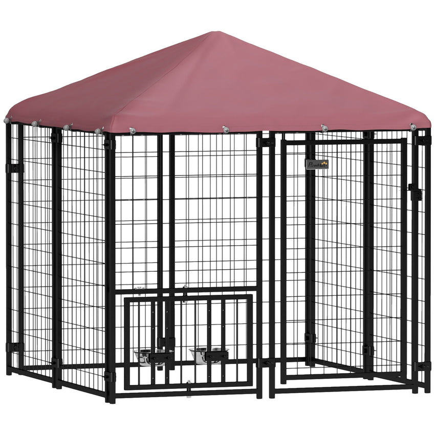 PawHut Welded Wire Outdoor Dog Kennel with 360° Rotating & 4 Levels Adjustable Bowls, Waterproof Cover, 4.6' x 4.6' x 5' - 7DAY'S