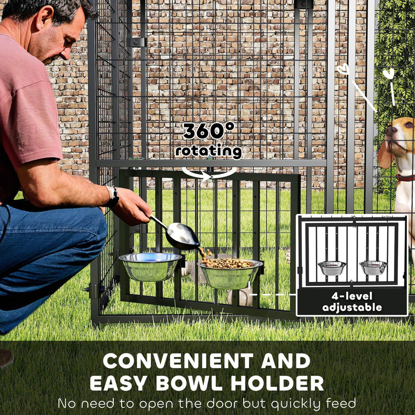 PawHut Welded Wire Outdoor Dog Kennel with 360° Rotating & 4 Levels Adjustable Bowls, Waterproof Cover, 4.6' x 4.6' x 5' - 7DAY'S