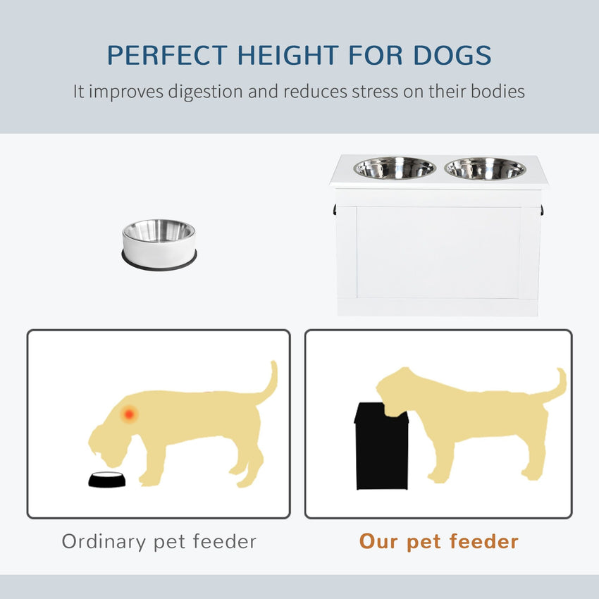PawHut White Raised Pet Dining Station with Food Storage and Steel Bowls for Big Pups - 7DAY'S
