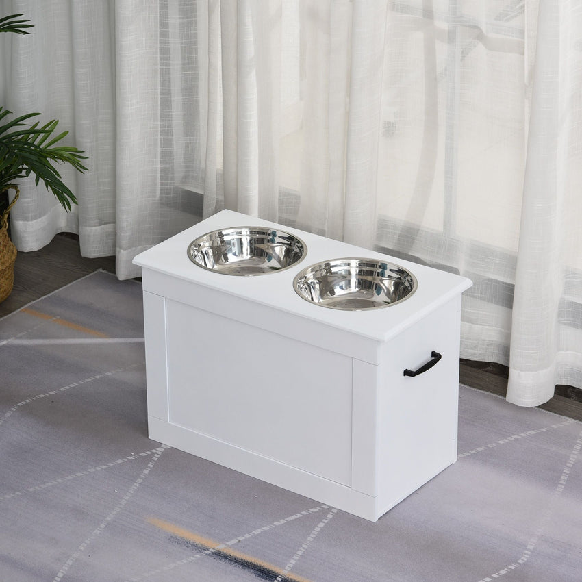 PawHut White Raised Pet Dining Station with Food Storage and Steel Bowls for Big Pups - 7DAY'S