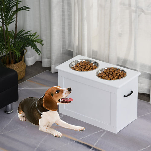 PawHut White Raised Pet Dining Station with Food Storage and Steel Bowls for Big Pups - 7DAY'S