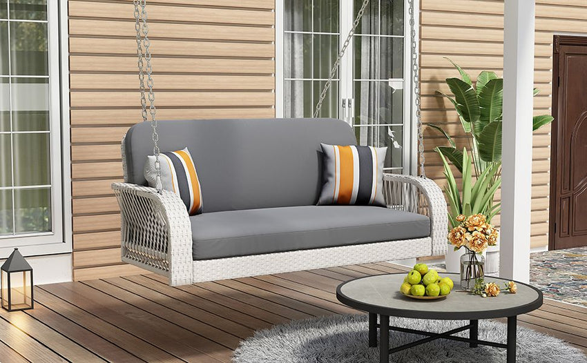 PE Wicker Porch Swing, 2 - Seater Hanging Bench With Chains, Patio Furniture Swing For Backyard Garden Poolside - 7DAY'S