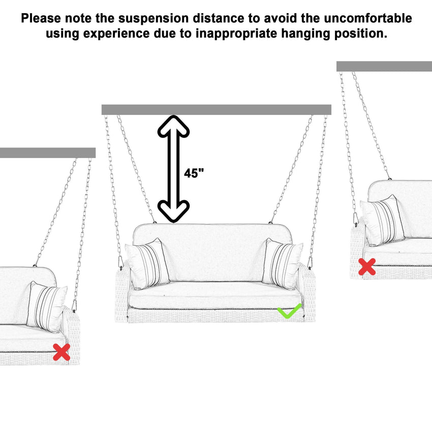 PE Wicker Porch Swing, 2 - Seater Hanging Bench With Chains, Patio Furniture Swing For Backyard Garden Poolside - 7DAY'S