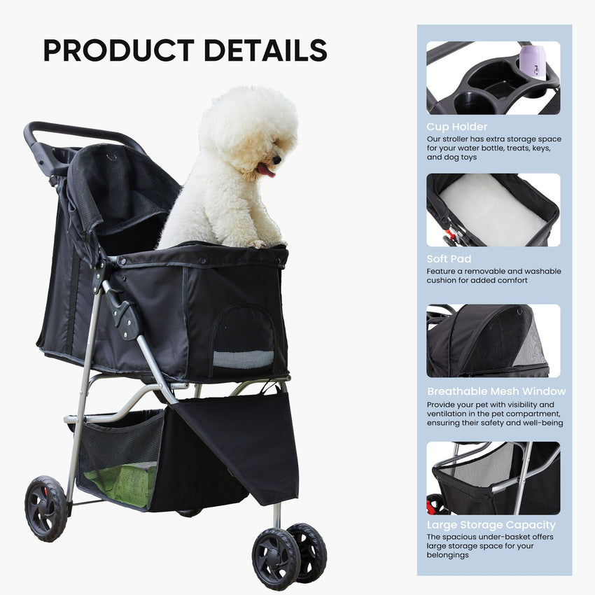 Pet Stroller for Dogs and Cats | Foldable, Lightweight, and Durable | Ideal for Small to Medium Pets | Includes Storage Basket - 7DAY'S