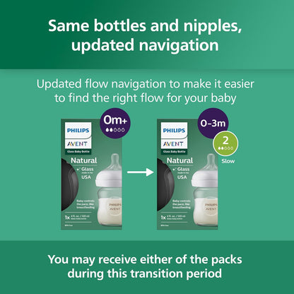 Philips Avent Natural Glass Baby Bottles with Natural Response Nipples (Slow Flow, Flow 2), 4oz, 4 - Pack, SCY910/04 - 7DAY'S