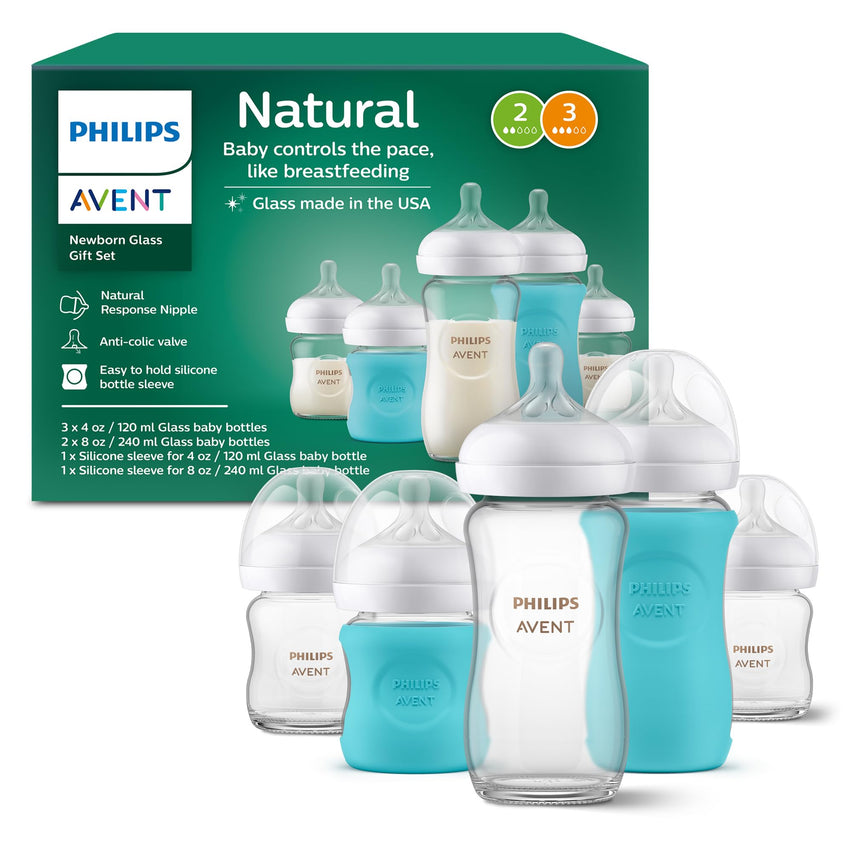 Philips Avent Natural Glass Baby Bottles with Natural Response Nipples (Slow Flow, Flow 2), 4oz, 4 - Pack, SCY910/04 - 7DAY'S
