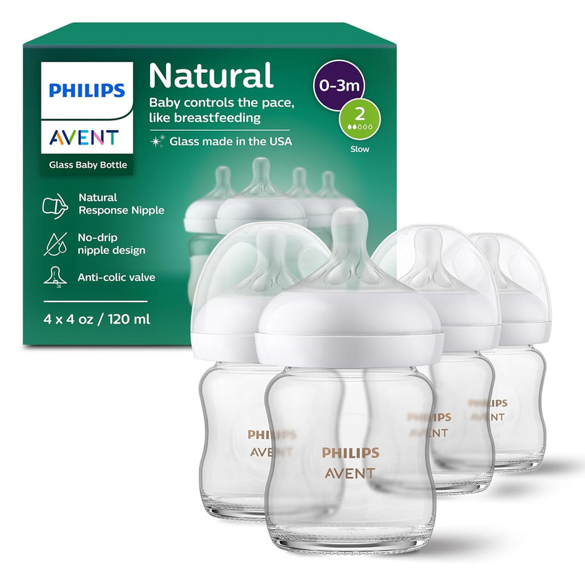 Philips Avent Natural Glass Baby Bottles with Natural Response Nipples (Slow Flow, Flow 2), 4oz, 4 - Pack, SCY910/04 - 7DAY'S