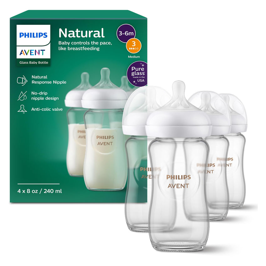 Philips Avent Natural Glass Baby Bottles with Natural Response Nipples (Slow Flow, Flow 2), 4oz, 4 - Pack, SCY910/04 - 7DAY'S