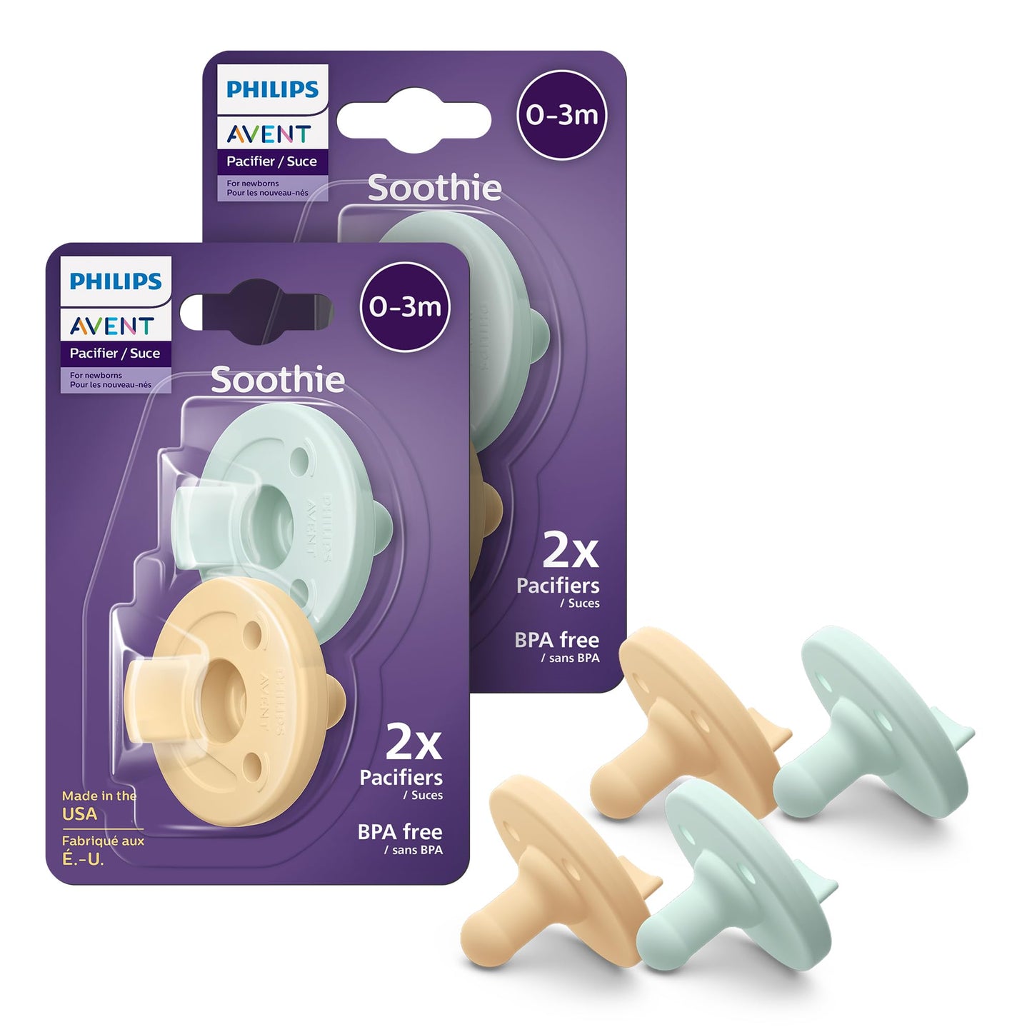 Philips Avent Soothie Orthodontic Baby Pacifiers, 100% Silicone Pacifiers, One Piece, BPA - Free, for Babies 0 - 3 Months, Green, 4 Pack, Model SCF190/41 - 7DAY'S