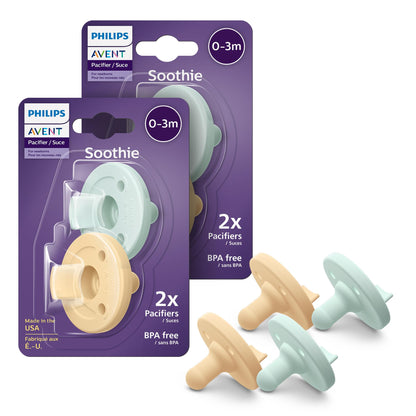Philips Avent Soothie Orthodontic Baby Pacifiers, 100% Silicone Pacifiers, One Piece, BPA - Free, for Babies 0 - 3 Months, Green, 4 Pack, Model SCF190/41 - 7DAY'S