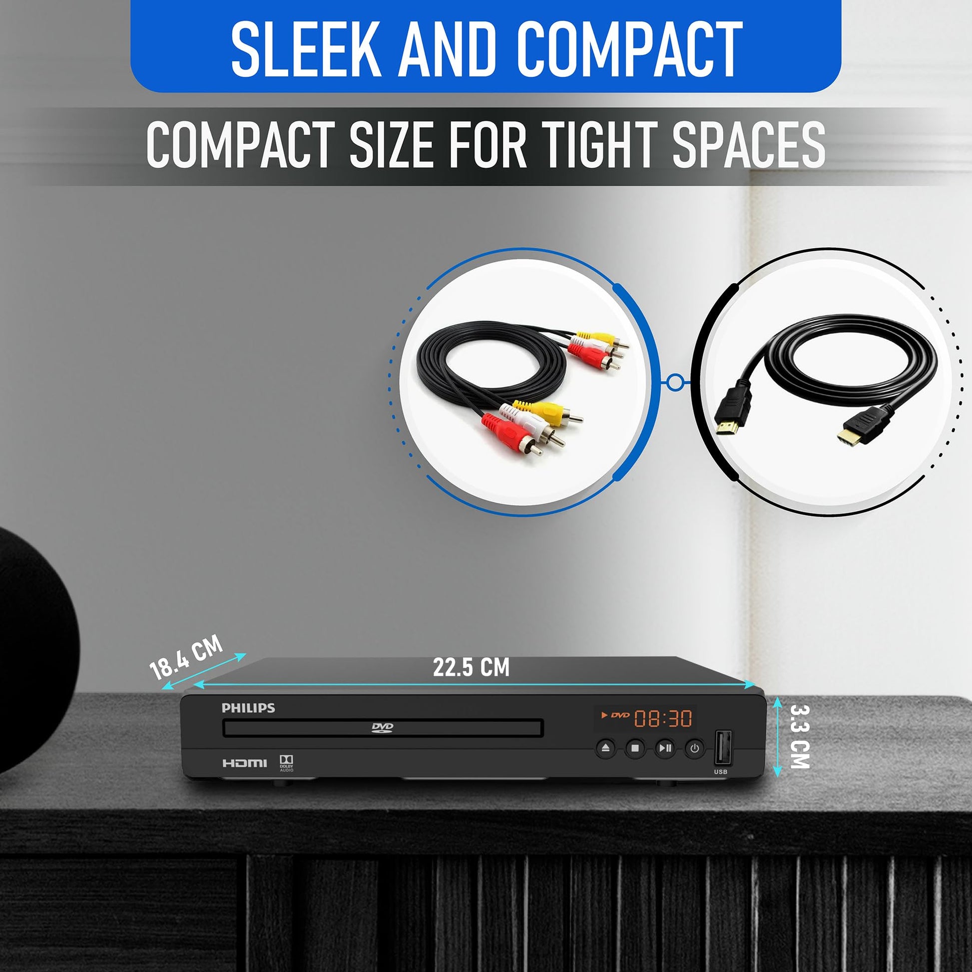 Philips DVD Players for TV with HDMI Port 1080P All Region HD DVD Player for Smart TV USB Input Remote Control Device, Mini DVD CD Player for Home Stereo System, HDMI and RCA Cable Included - 7DAY'S