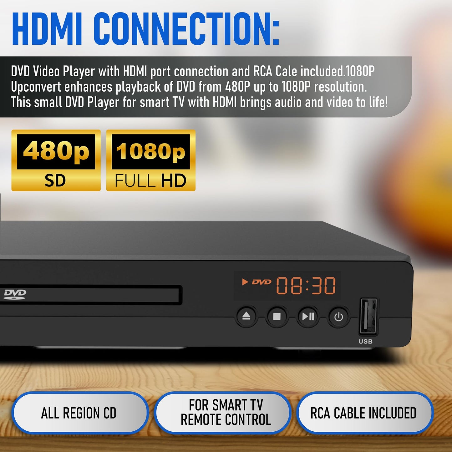 Philips DVD Players for TV with HDMI Port 1080P All Region HD DVD Player for Smart TV USB Input Remote Control Device, Mini DVD CD Player for Home Stereo System, HDMI and RCA Cable Included - 7DAY'S