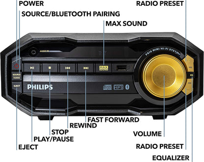 PHILIPS FX10 Bluetooth Stereo System for Home with CD Player , MP3, USB, FM Radio, Bass Reflex Speaker, 230 W, Remote Control Included - 7DAY'S